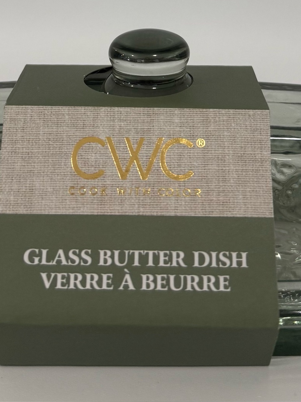 CWC Cook with Color Sage Green Glass Butter Dish w/ Lid & Embossed Floral Design